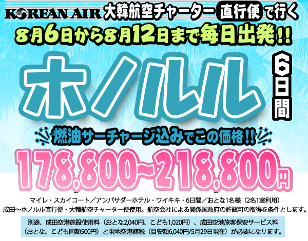 大韓航空チャーター直行便で行く、ホノルルツアー。8/6から8/12まで毎日出発！178,800円～218,800円
