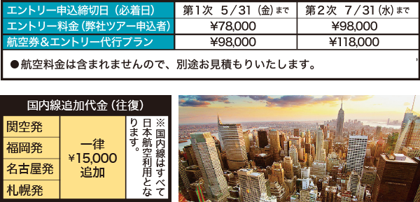 エントリー申込締切り・国内線追加代金