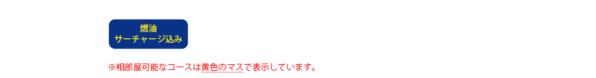 成田発 旅行代金表【燃油サーチャージ込み】子ども料金（2～12歳未満）は10,000円引き（大人お1人様／単位：円）航空会社指定なしの場合　※相部屋可能なコースは黄色のマスで表示しています。