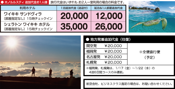 ホノルルスティ追加代金と地方発着追加代金（往復）