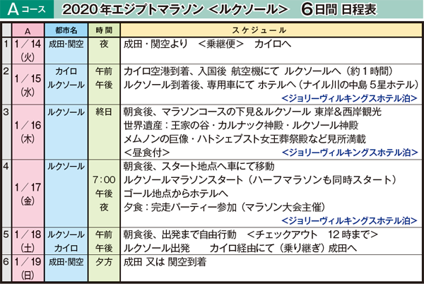 Aコース　2020年エジプトマラソン ＜ルクソール＞6日間 日程表